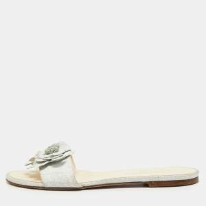 Chanel White Texture Leather Camellia Embellished CC Flat Slides Size 38.5