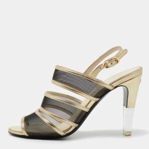 Chanel Gold/Black Mesh and Leather Open Toe Slingback Sandals Size 37