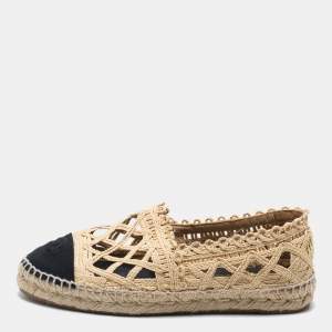 Pre Owned Chanel Black/Beige Jute And Canvas CC Cap Toe Espadrilles Flats Size 38