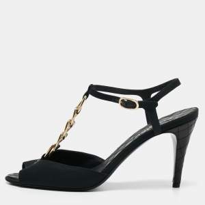 Chanel Black Fabric Chain Link T Strap Sandals Size 39.5