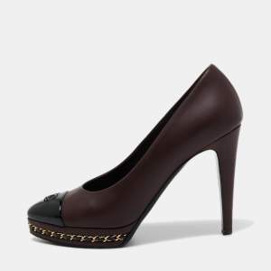 Chanel Burgundy/Black Leather CC Cap Toe Chain Detail Platform Pumps Size 38.5