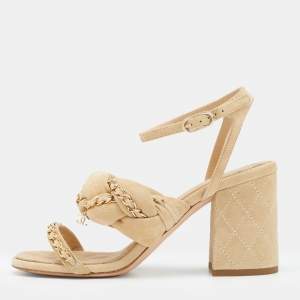 مملوكة مسبقًا Chanel Beige Suede Braided Chain Embellished Ankle Strap Sandals Size 37.5