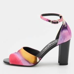 Chanel Multicolor Printed Fabric Ankle Strap Sandals Size 37