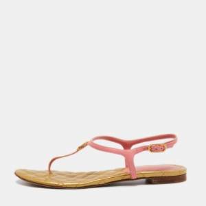 Chanel Pink/Gold Leather Quilted CC Thong Sandals Size 38