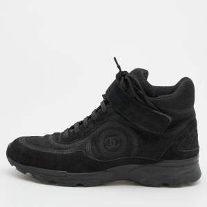 Chanel Black Suede and Metallic Lurex Fabric CC High Top Sneakers Size 38