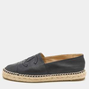 مملوكة مسبقًا Chanel Black Leather CC Cap Toe Espadrille Flats Size 38