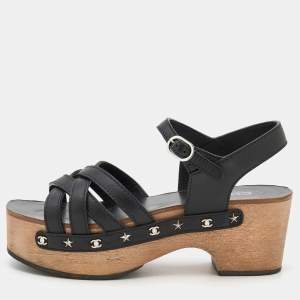 Chanel Black Leather Embellished Criss Cross Ankle Strap Platform Clog Sandals Size 39