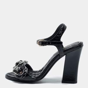 Chanel Black Leather Block Heel Ankle Strap Sandals Size 38