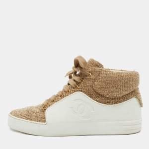 Chanel White/Gold Tweed and Leather CC High Top Sneakers Size 36.5