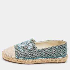 Pre Owned Chanel White/Turquoise Tweed/Canvas and Sequins CC Espadrilles Size 38
