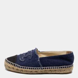 Pre Owned Chanel Navy Blue/Black Denim and Canvas CC Cap Toe Espadrille Flats Size 36