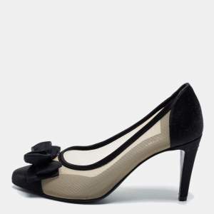 Pre Owned Chanel Black Mesh and Satin CC Bow Pumps Size 36