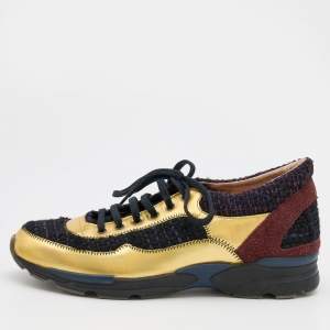 Chanel Multicolor Tweed and Leather CC Low Top Sneakers Size 38
