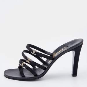 Pre Owned Chanel Black Satin CC Embellished  Strappy Slide Sandals Size 38.5