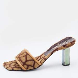 Pre Owned Chanel Beige/Brown Calf Hair and Leather Square Toe Slide Sandals Size 38