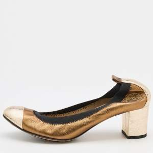 Chanel Metallic Gold Leather Cap Toe Srunch Block Heel Pumps Size 37