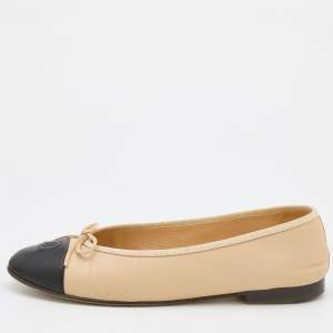Pre Owned Chanel Beige/Black Leather CC Cap Toe Bow Ballet Flats Size 40.5