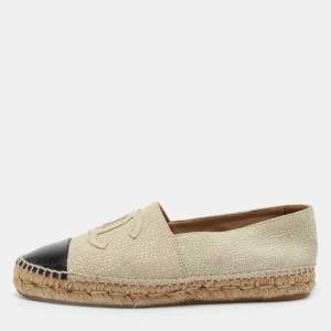Pre Owned Chanel Cream/Black Cracked Leather Interlocking CC Logo Espadrilles Size 40