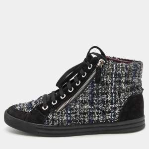 Pre Owned Chanel Blue/Black Tweed Fabric And Suede Leather Double Zipper High Top Sneakers Size 36