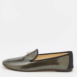 Pre Owned Chanel Olive Green/Black Patent Leather and Fabric CC Embellished Smoking Slippers Size 39