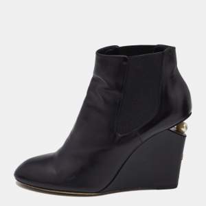 Chanel Black Leather Pearl Embellished CC Wedge Booties Size 40