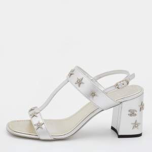 Chanel Leather Silver Leather Embellished Ankle Strap Sandals Size 38