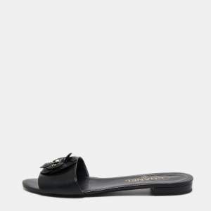 Pre Owned Chanel Black Leather Camellia CC Flat Slides Size 39.5