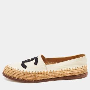 Chanel Cream/Black Leather and Fabric CC Raffia Espadrille Flats Size 36