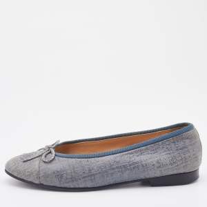 Chanel Blue Textured Leather CC Bow Cap Toe Ballet Flats Size 36.5