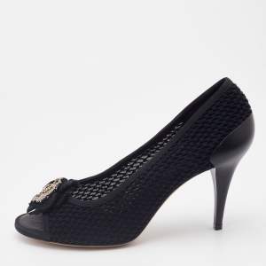 Pre Owned Chanel Black Knit Fabric CC Camellia Crystal Embellished Open Toe Pumps Size 40