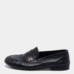 Chanel Black Leather CC Penny Loafers Size 39.5