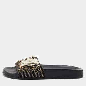 Chanel Black Fabric and Leather CC Camellia Chain Link Slide Sandals Size 37