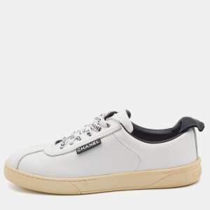 Chanel White/Black Leather Low Top Sneakers Size 37