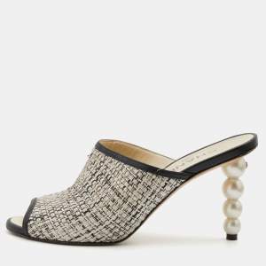 Chanel White/Black Tweed and Leather CC Pearl Heel Open Toe Mules Size 38
