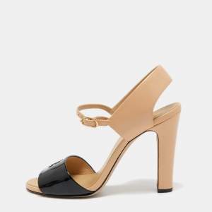 Chanel Black/Beige Patent and Leather Open Toe Ankle Strap Sandals Size 39