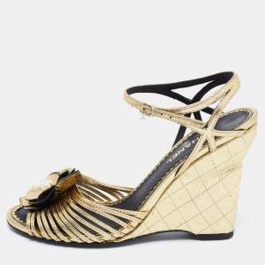 Chanel Gold Leather Camelia Wedge Sandals Size 36