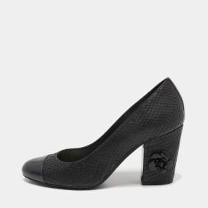 Pre Owned Chanel Black Python and Leather Cap Toe Camellia Block Heel Pumps Size 37