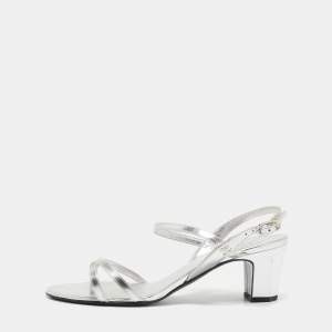 Chanel Silver Leather Ankle Strap Sandals Size 38.5