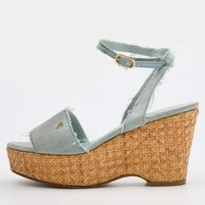 Chanel Light Blue Denim Raffia Platform Wedge Ankle Strap Sandals Size 36.5