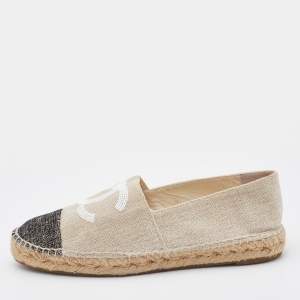 مملوكة مسبقًا Chanel Beige/Black Tweed CC Cap Toe Espadrille Flats Size 40