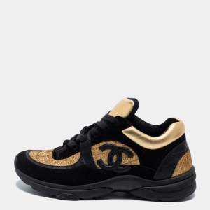Pre Owned Chanel Black/Gold Suede and Leather CC Low Top Sneakers Size 38