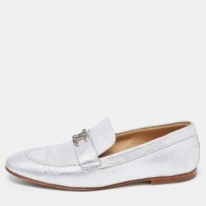 Chanel Silver Leather CC Loafers Size 38