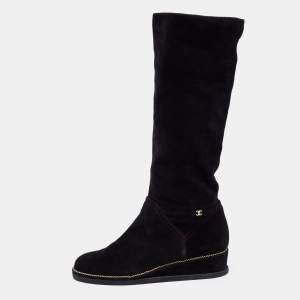 Chanel Black Suede Wedge Knee Length Boots Size 39.5