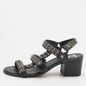 Chanel Black Leather Chain Link Detail Ankle Strap Sandals Size 38.5