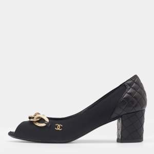 Pre Owned Chanel Black Leather and Fabric Chain Embellished Block Heel Pumps Size 35.5