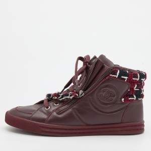Chanel Burgundy Leather and Twee CC High Top Sneakers Size 38