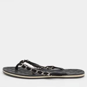 Chanel Black Suede Chain Link Thong Flats Size 38.5