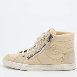 Pre Owned Chanel Beige Fabric and Suede CC Side Zip High Top Sneakers Size 37.5