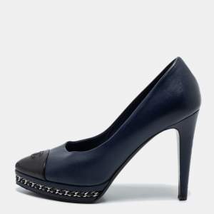 Chanel Navy Blue/Black Leather CC Cap Toe Chain Platform Pumps Size 38
