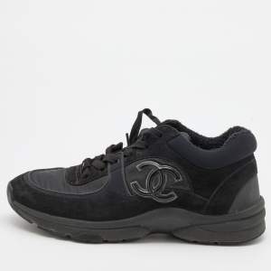 Pre Owned Chanel Black Nylon and Suede CC Low Top Sneakers Size 38